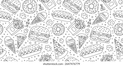 Food seamless pattern. Doodle vector sketch. Fast food set. Burger, hamburger, cheeseburger, fries and ice cream. Hot dog, pizza and donut. Vector hand drawn   illustration for restaurant menu