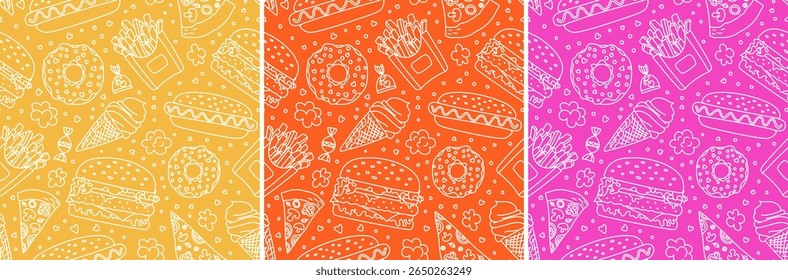 Food seamless pattern. Doodle vector sketch. Fast food set. Burger, hamburger, cheeseburger, fries and ice cream. Hot dog, pizza and donut. Vector hand drawn   illustration for restaurant menu