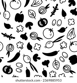 Food seamless pattern with doodle vegetables. Falling ingredients and spices cartoon sketch style. Black and white repeat vector illustration for packaging and product design.