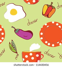 Food seamless pattern with egg, plate, tea and vegetables