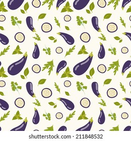 Food seamless pattern. Eggplant with leaves.