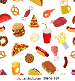 Food seamless pattern. Feed ornament. meat background. Pizza and taco. French fries and hamburger. Hotdog and cookies. Baked turkey and watermelon. Pork and cake. Donuts and dumplings