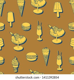 Food Seamless Pattern Hand drawn linear sketches of summer snacks: ice cream in waffle cups, on stick and in fougere; cocktails and different types of burgers. Yellow with blue shadow on brow