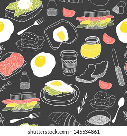 Food seamless pattern. Hand drawn vector theme. Good for backgrounds, fabric, kitchen and cafe stuff