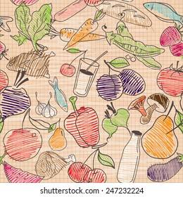 Food seamless pattern. Hand drawn vector. Good for backgrounds, fabric, kitchen and cafe stuff