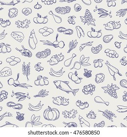 Food seamless pattern. Hand drawn vegetable fruits berries and grocery food background. Vector illustration