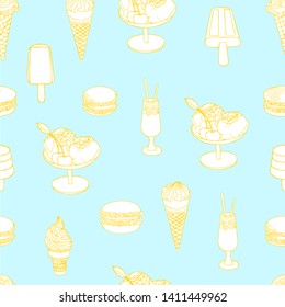 Food Seamless Pattern. Hand-drawn linear sketches of summer snacks:ice cream in waffle cups,on a stick and in a fougere;cocktails and different types of burgers.White with yellow contour on a blue BG.