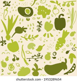 Food seamless pattern. Healthy nutrition. Organic farmer products. Hand drawn trendy flat style vector background for print design, menu, eco market or kitchen textile.