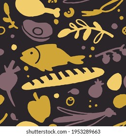 Food seamless pattern. Healthy nutrition. Organic farmer products. Hand drawn trendy flat style vector background for print design, menu, eco market or kitchen textile.