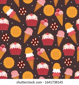 Food seamless pattern with ice cream, cookie, cupcakes on dark background. Perfect for wallpaper, bakery menu, wrapping paper, greeting cards