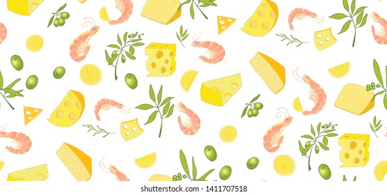 Food seamless pattern.  Including shrimp, lemon wedges, cheese, olive twigs.  For kitchen design and cooking items.