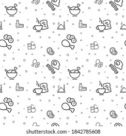 Food seamless pattern. Food intake. Character set. Breakfast, lunch, lunch and dinner. Meat and dairy products, ready meals.
