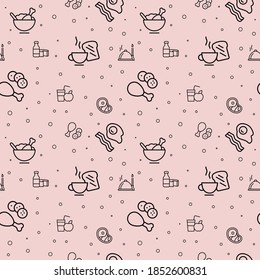 Food seamless pattern. Food intake. Character set. Breakfast, lunch, lunch and dinner. Meat and dairy products, ready meals.
