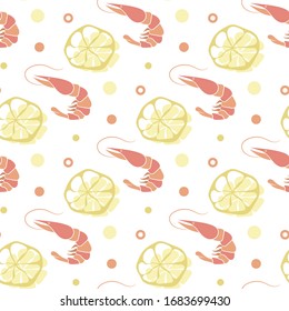 Food seamless pattern. Lemon, lime, circles and shrimp pattern on white background. Vector illustration. Summer template. Monochrome repeating texture. Modern ornament. Design paper, wallpaper, cover.