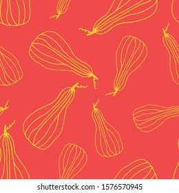 Food seamless pattern in line art and doodle style. Abstract botanical print of pumpkins. Textile design texture. Autumn background Vector illustration. Thanksgiving and Halloween symbol