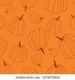 Food seamless pattern in line art and doodle style. Abstract botanical print of pumpkins. Textile design texture. Autumn background Vector illustration. Thanksgiving and Halloween symbol