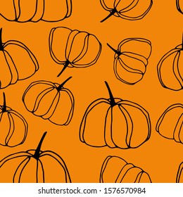 Food seamless pattern in line art and doodle style. Abstract botanical print of pumpkins. Textile design texture. Autumn background Vector illustration. Thanksgiving and Halloween symbol