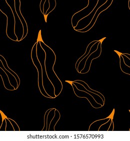 Food seamless pattern in line art and doodle style. Abstract botanical print of pumpkins. Textile design texture. Autumn background Vector illustration. Thanksgiving and Halloween symbol