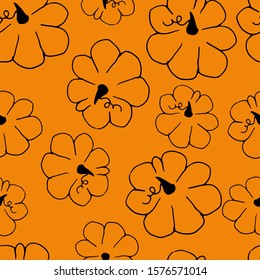 Food seamless pattern in line art and doodle style. Abstract botanical print of pumpkins. Textile design texture. Autumn background Vector illustration. Thanksgiving and Halloween symbol