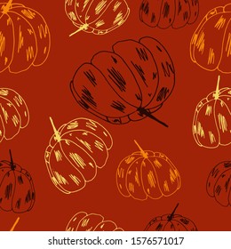 Food seamless pattern in line art and doodle style. Abstract botanical print of pumpkins. Textile design texture. Autumn background Vector illustration. Thanksgiving and Halloween symbol