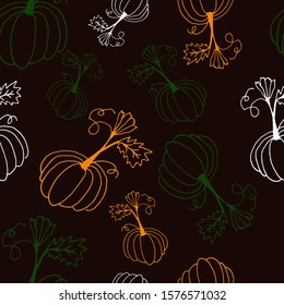 Food seamless pattern in line art and doodle style. Abstract botanical print of pumpkins. Textile design texture. Autumn background Vector illustration. Thanksgiving and Halloween symbol