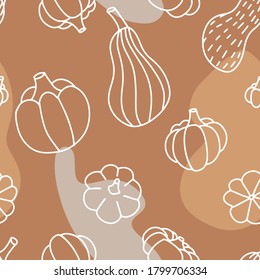 Food seamless pattern in line art and doodle style. Abstract botanical print of pumpkins. Textile design texture. Autumn background flat vector illustration. Thanksgiving and Halloween symbol