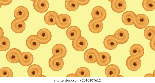 Patrón de comida sin fisuras hecho de bollos tradicionales suecos y escandinavos de azafrán de Navidad Lussekatter. Ilustración vectorial en el estilo de la caricatura.