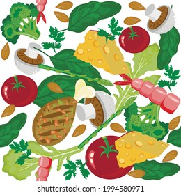 Patrón de alimentos sin fisuras. Hongos, hierbas, verduras, pescados y mariscos. Ilustración vectorial.