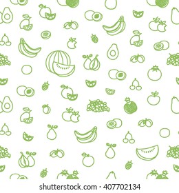 Food seamless pattern on wtite background with trendy linear icons and signs of fruits.