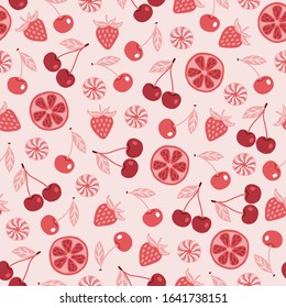 Food seamless pattern with orange slices, cherry, strawberry, candy on ligth pink background. Perfect for wallpaper, bakery menu, wrapping paper, greeting cards