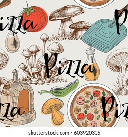Food seamless pattern, pizza and mushrooms design