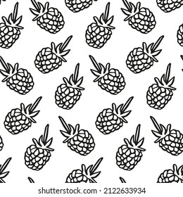Food seamless pattern with raspberry hand-drawn berry for summer forest print. Monochrome black white doodle with crop of garden razz for making background wallpaper. Simple vector sweet illustration.