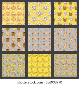 Food seamless pattern set. Collection of retro design elements for package, napkin. Hand drawn, pen and ink, vintage style