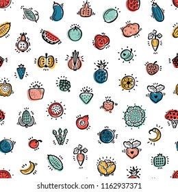 Food Seamless pattern. Set of Doodle Fruits, Vegetables and Berries Icons Vector repeating background