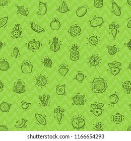 Food Seamless pattern. Set of Doodle Fruits, Vegetables and Berries Icons Vector repeating background