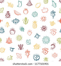 Food Seamless pattern. Set of Doodle Fruits, Vegetables and Berries Icons Vector repeating background
