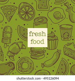 Food seamless pattern set with line art icon and dotted texture, fresh food label templates