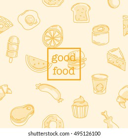 Food seamless pattern set with line art icon and dotted texture, good food label templates