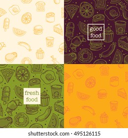 Food seamless pattern set with line art icon and dotted texture, good food, fresh food label templates