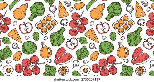 Food seamless pattern. Sketch doodles . Whimsical food doodles, Hand drawn vector illustration for menu, packaging design. Partially colored drawing. Top view. Simply fun