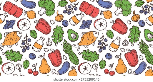 Food seamless pattern. Sketch doodles . Whimsical food doodles, Hand drawn vector illustration for menu, packaging design. Partially colored drawing. Top view. Simply fun