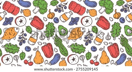 Food seamless pattern. Sketch doodles . Whimsical food doodles, Hand drawn vector illustration for menu, packaging design. Partially colored drawing. Top view. Simply fun