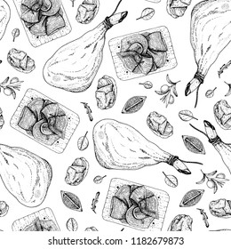 Food seamless pattern. Spanish jamon hand drawn sketch. Engraved illustration. Slices of jamon illustration.