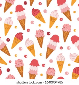 Food seamless pattern with strawberry and vanilla ice cream, candies on white background. Perfect for wallpaper, bakery menu, wrapping paper, greeting cards