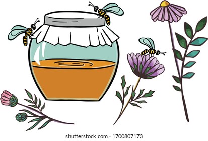 Food seamless pattern. Tea time. Honey pot with flowers isolated. Digital illustration.