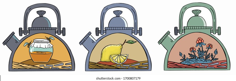 Food seamless pattern. Tea time. Kettles isolated. Honey. Lemon. Cloudberry. Digital illustration.
