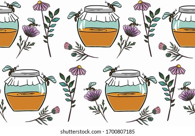 Lebensmittelnahtloses Muster.Tea time. Blumenhonig.  Digitale Illustration.