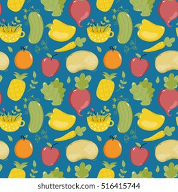 Food seamless pattern with various happy cartoon fruit and vegetables characters isolated on blue background. Natural eco friendly products and farm vegetarian food packaging. Healthy eating concept.