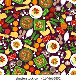 Food seamless pattern vector illustration. Background with vegetables and fruits for wallpaper, print design or restaurant decor, menu. Cheese, tomato, meet, carrot and cucumber with pasta meal, soup.