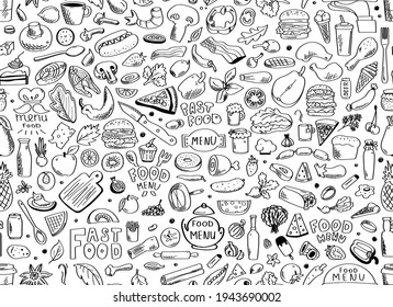 Food, seamless pattern. Vector illustration isolated on white background.